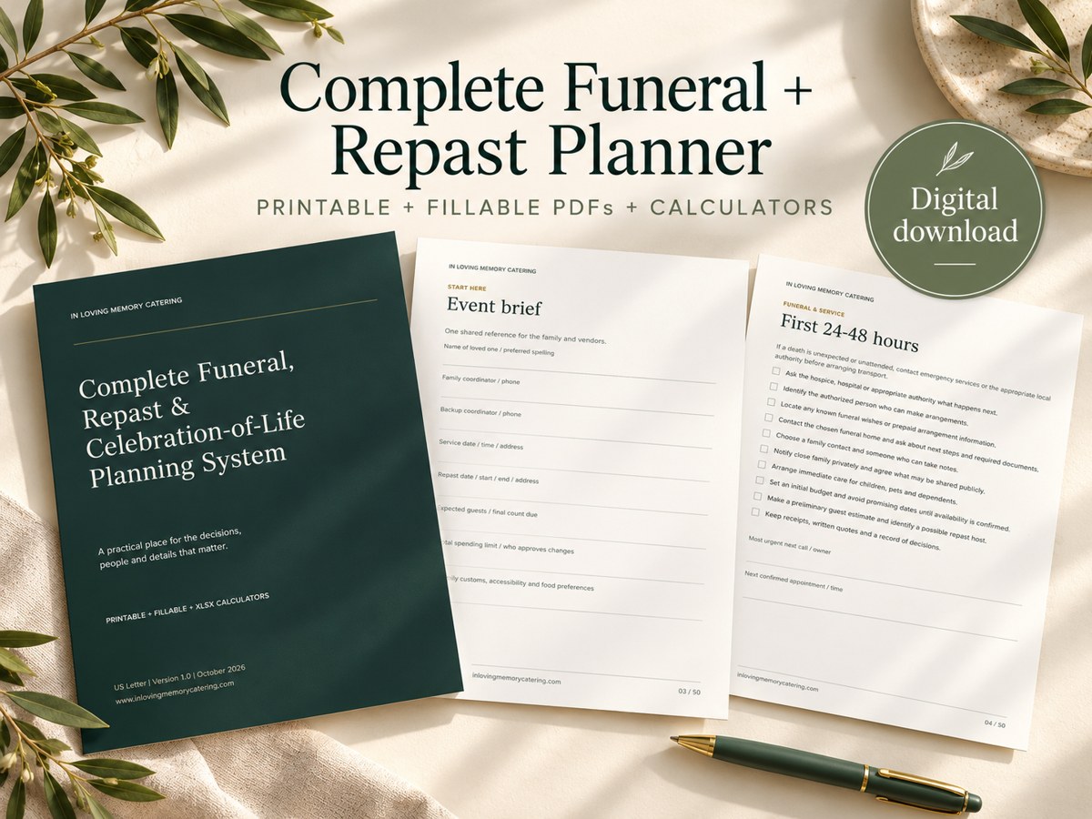 Digital complete funeral and repast planner displayed as printed pages