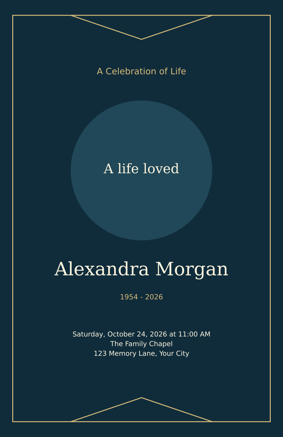 Midnight Tribute program sample with navy and warm gold geometric framing