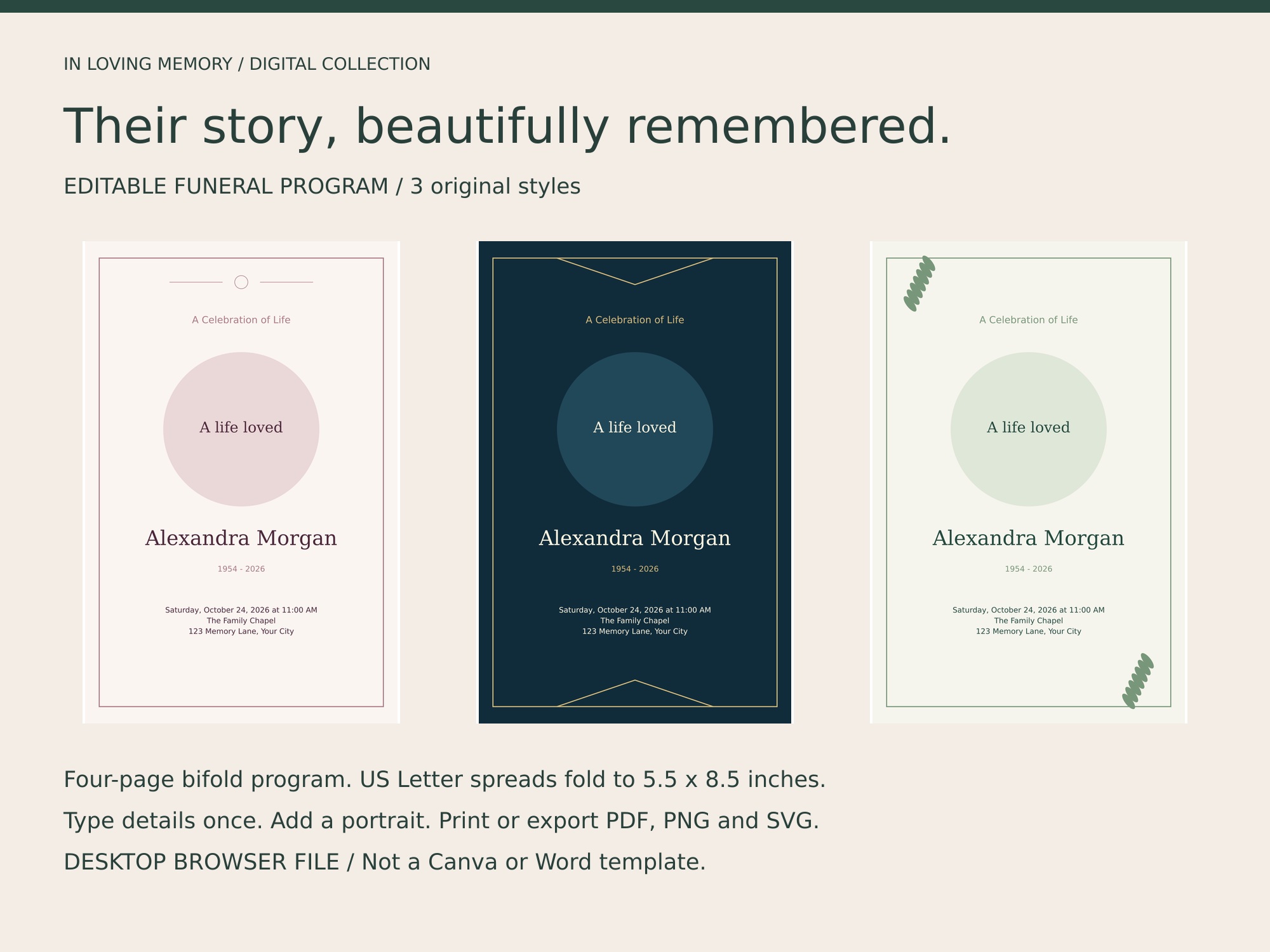 Four-page funeral program preview in three designs