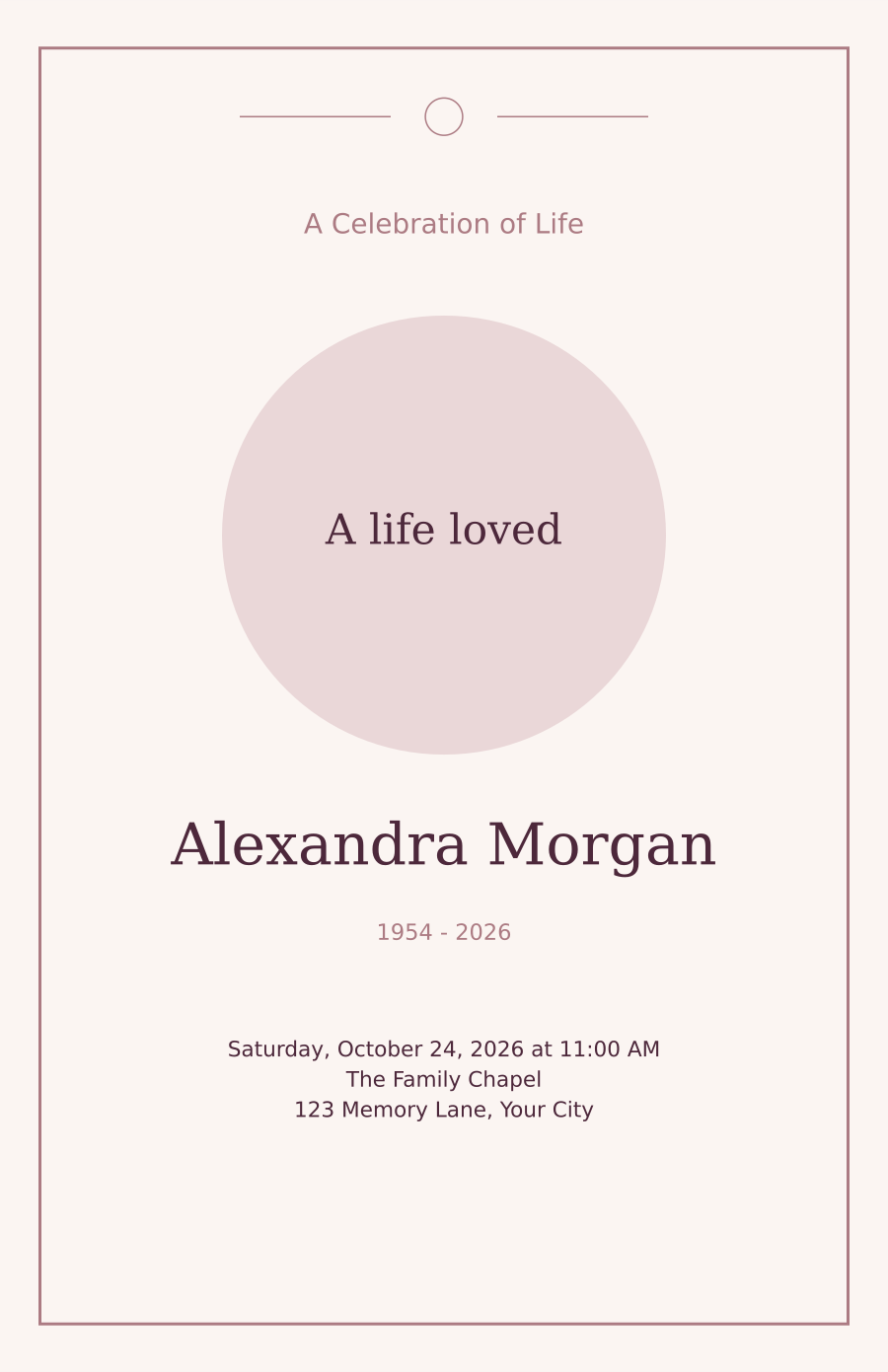 Velvet Rose funeral program sample with warm ivory and rose framing
