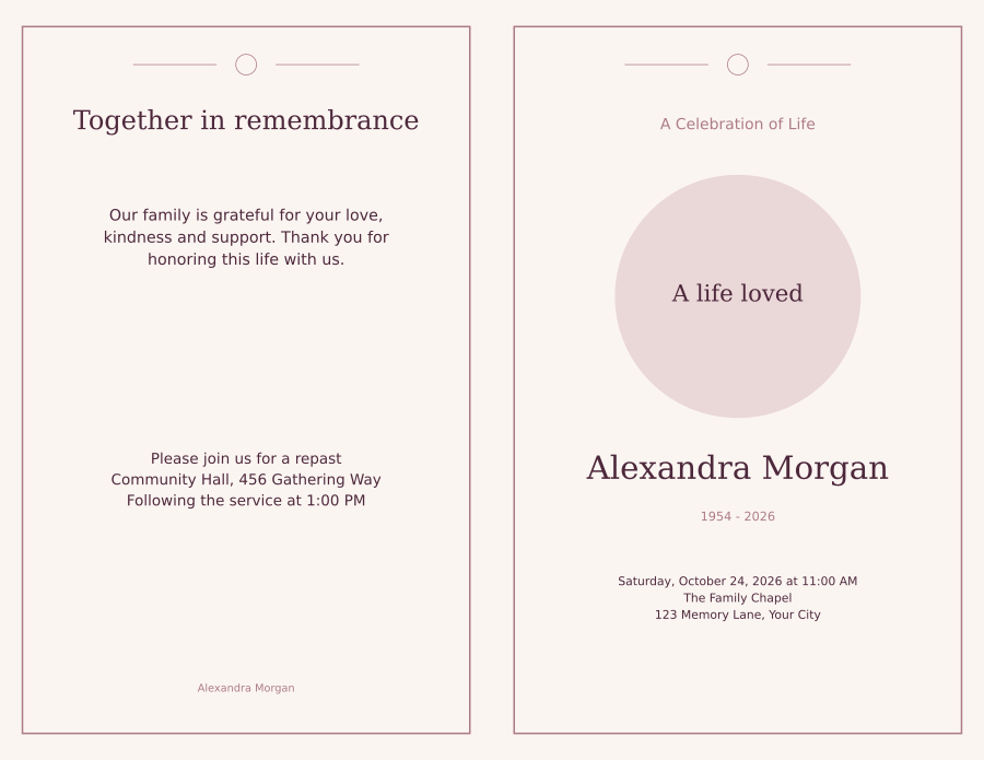 Program outside spread with family acknowledgment and repast details beside the front cover