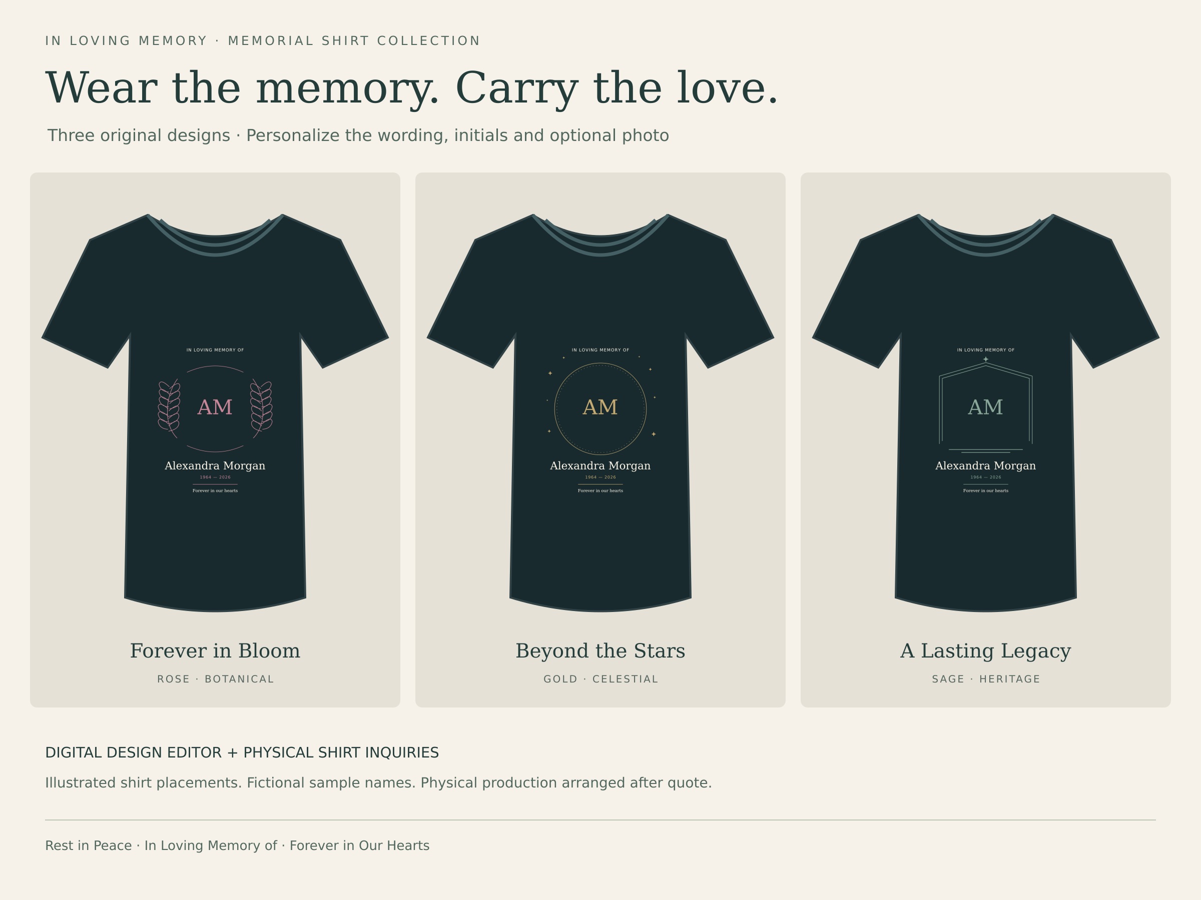 Illustrated dark shirts showing rose botanical, gold celestial and sage heritage memorial designs